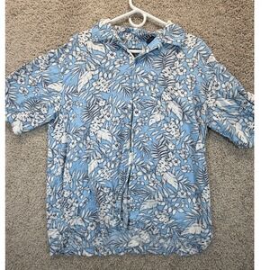 Puritan Mens Large Tropical Floral Rayon Button Down Shirt Blue Short Sleeve L/G